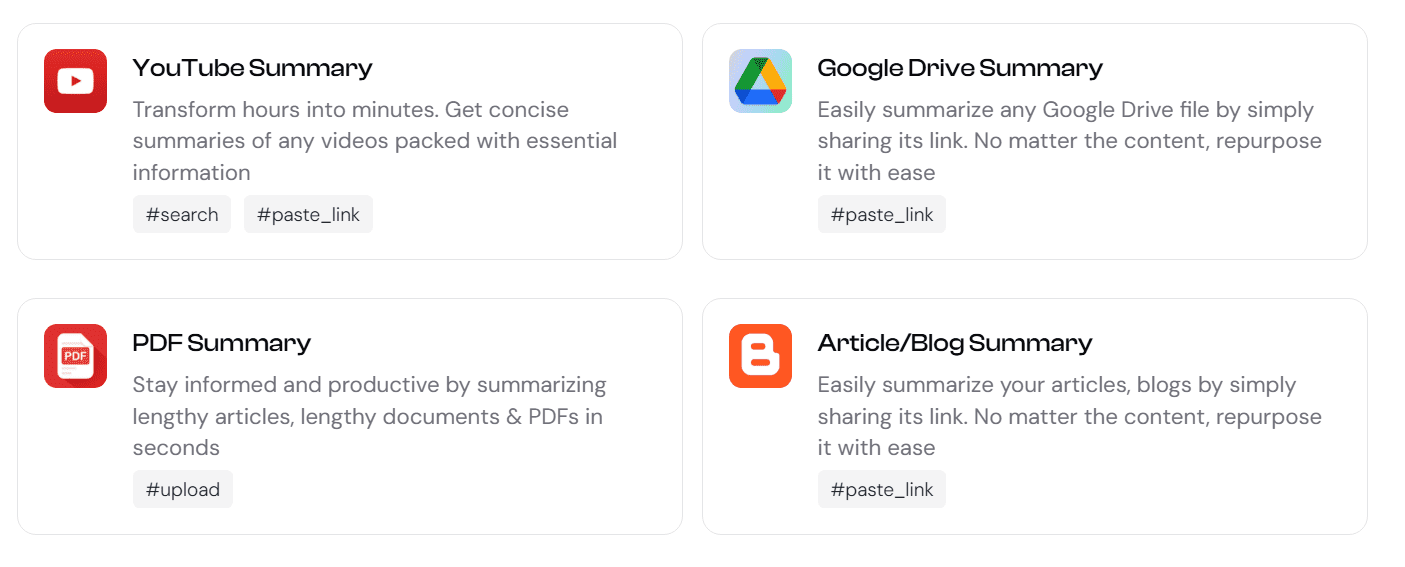 list of tools in TubeOnAI, option for summarizing &amp; transcribing drive files